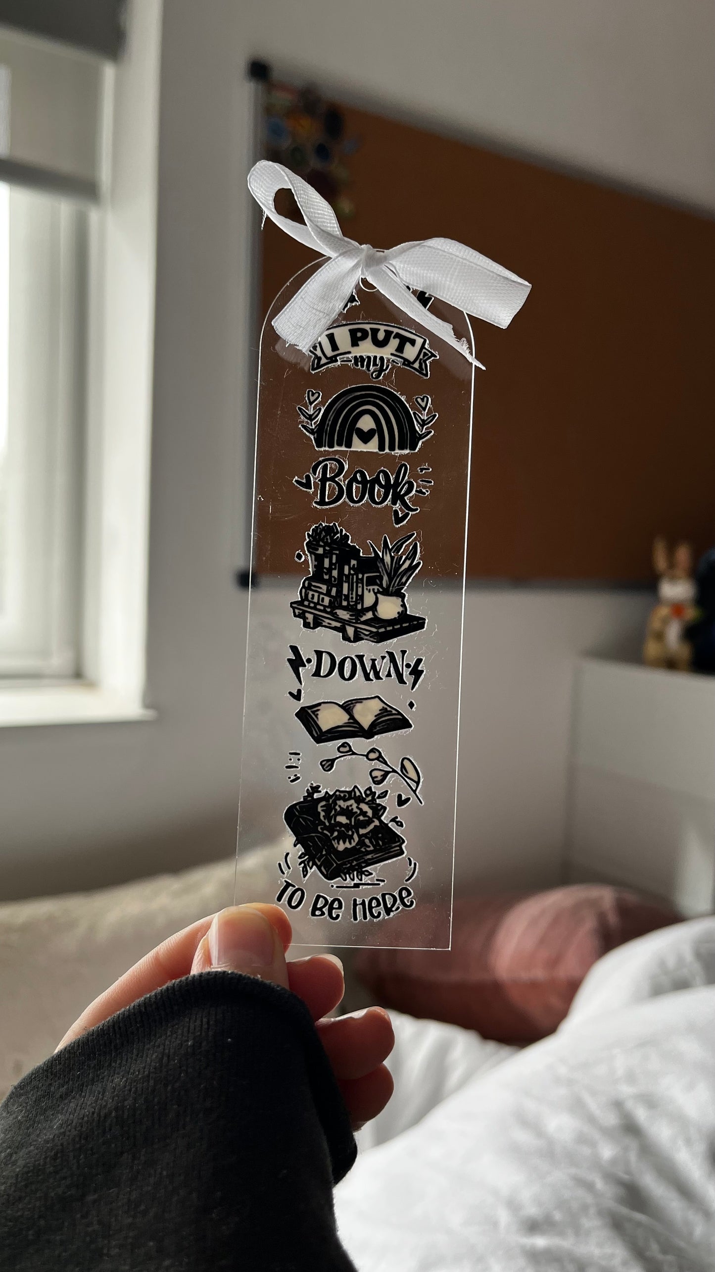 “Put my book down to be here” bookmark